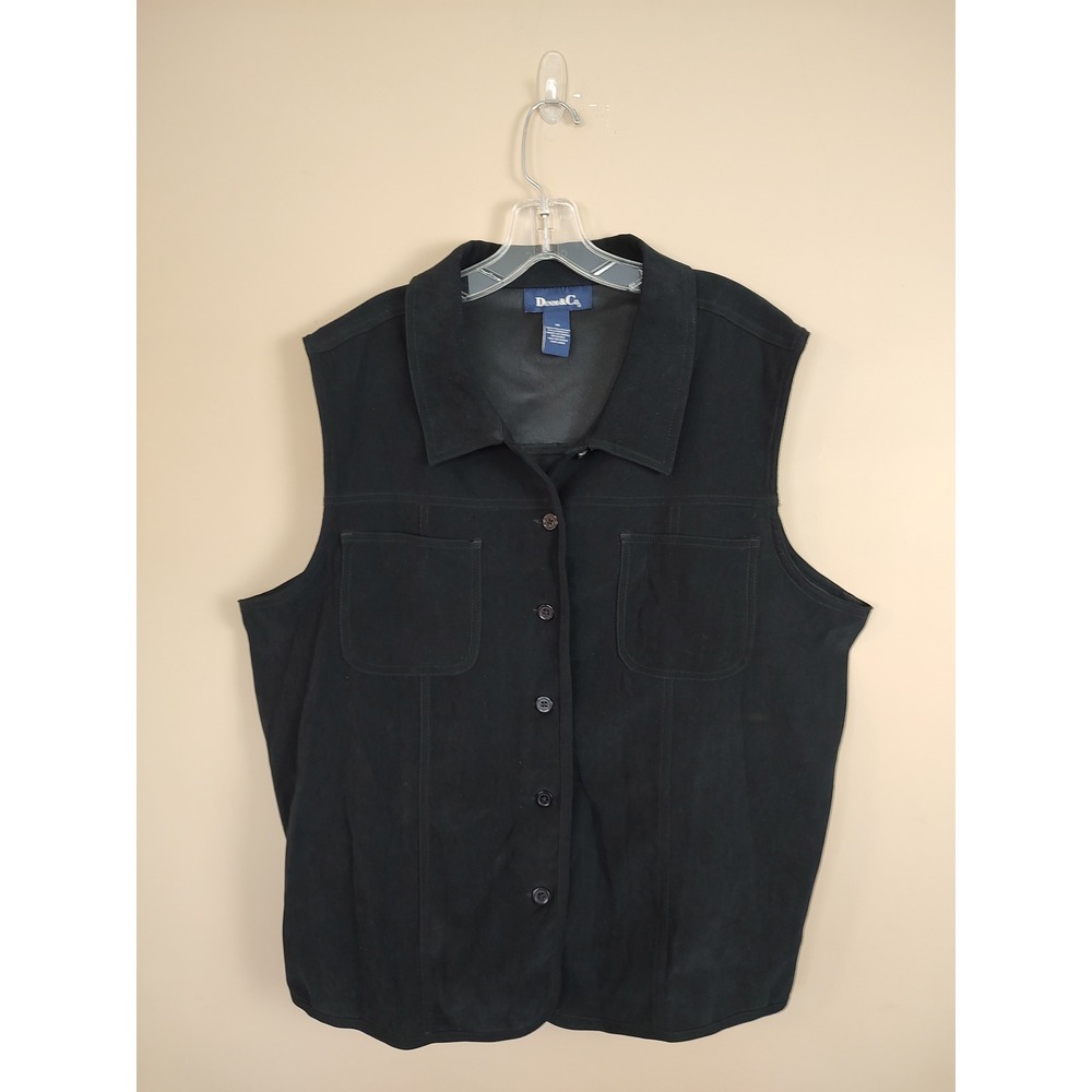 Denim & Co‎ Womens 1X Black Faux Suede Button Front Collared Vest Two Pocket